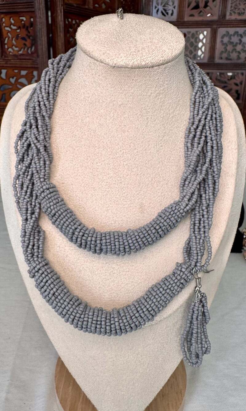 Grey Multi-Strand Seed Bead Statement Necklace and Tassel Earrings